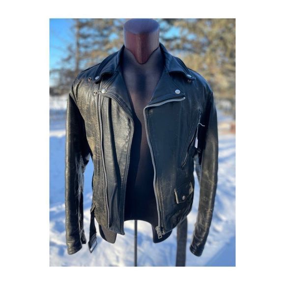 Vintage 80s Brush Fire Moto Steerhide Leather Jacket Biker Black Distressed Cana - Picture 4 of 16